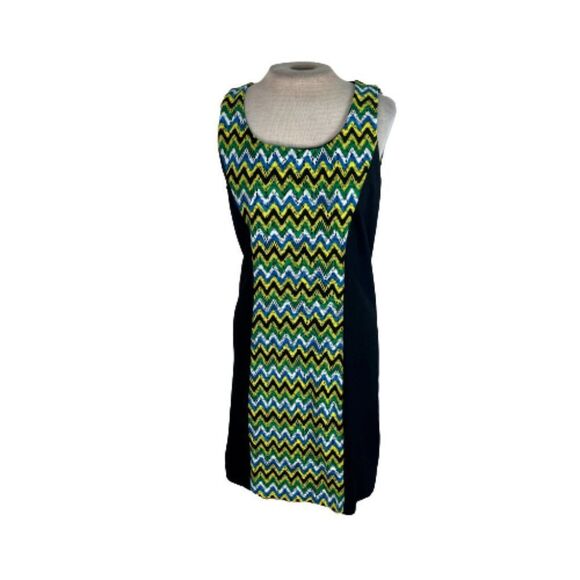 Kensie Chevron Stripe Color Block Sheath Mini Dress Green Blue Black M Medium - Picture 2 of 6